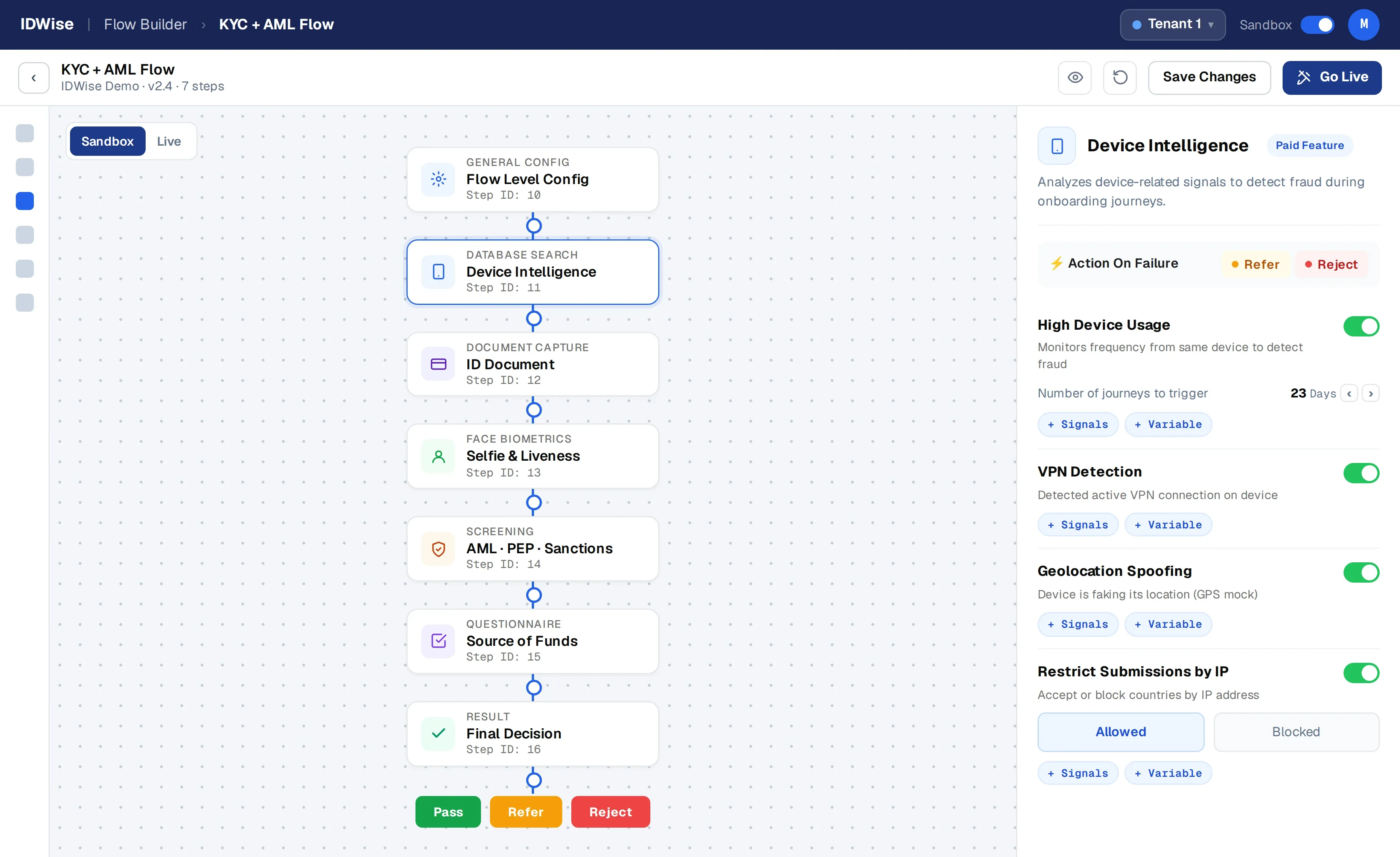 IDWise Flow Builder: KYC + AML flow with Device Intelligence configuration